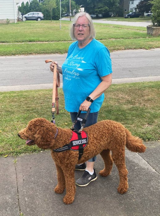 A woman stands on a sidewalk next to a rust colored curly haired dog wearing a Service Dog harness. She is holding onto him with both the harness handle and a leash attached to his collar.